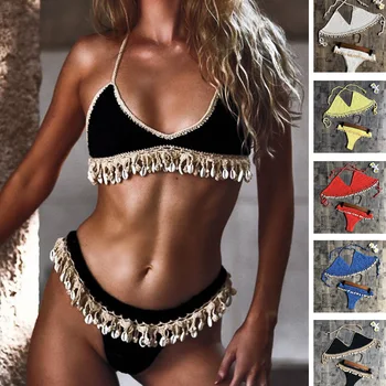 Ročno Izdelane Kvačkane Bikini Komplet Oblog Letnik Ženske Plaži Kopalke Strani Kavljem Bombaž, Tkani Seksi Kopalke Lupini Kopalke