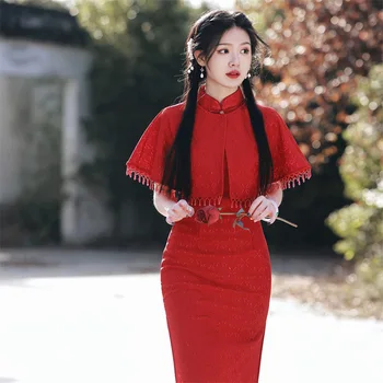 Retro Vezenine, Čipke Cheongsam Z Beaded Tassel Šal 2Pcs Klasičnih Žensk Šifon Qipao Kitajski Dnevni Obleko
